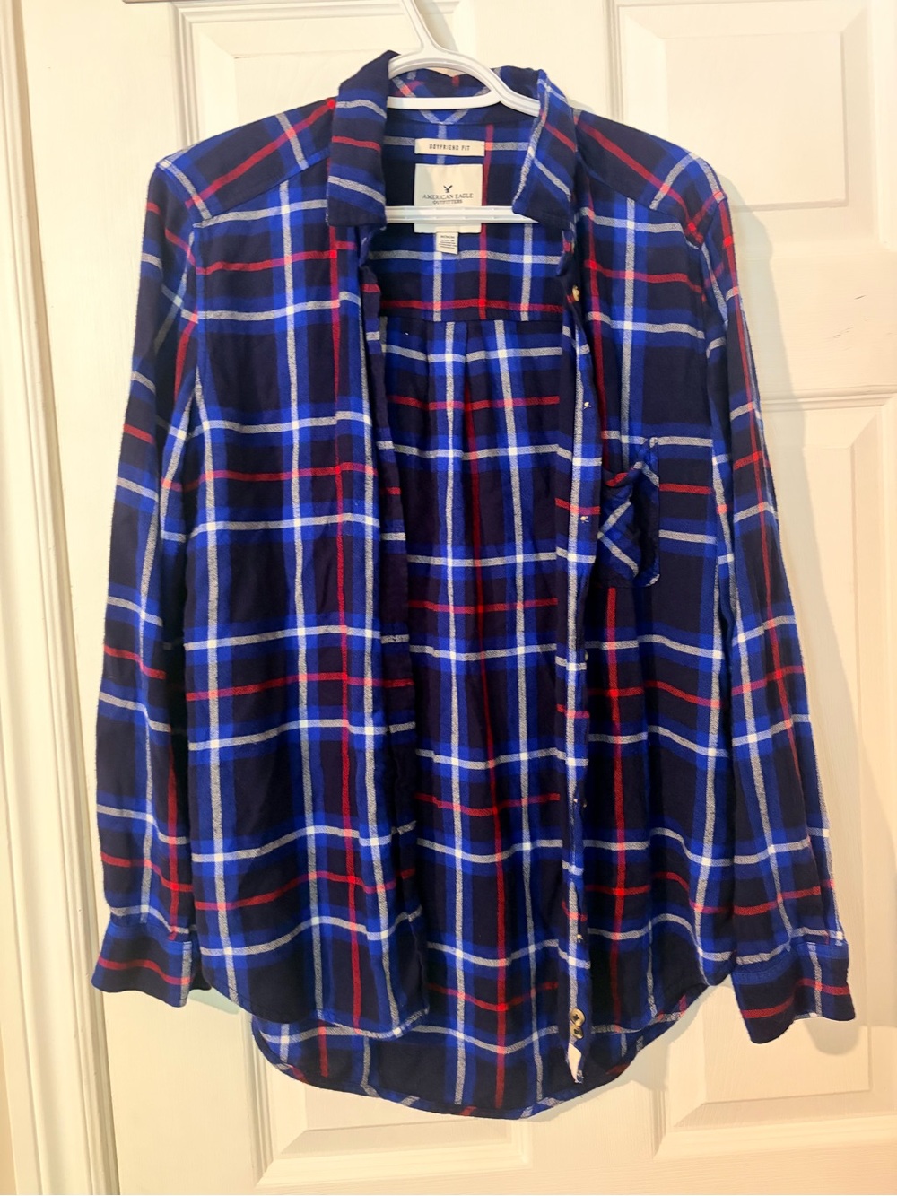 American Eagle Outfitters Navy, Blue & Red Boyfriend Fit Plaid Button-Down Shirt